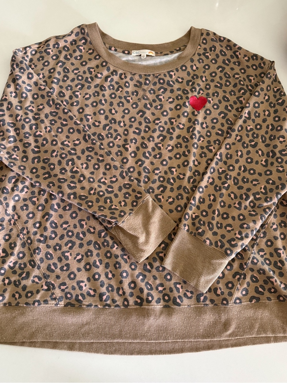 C&C California Brown Leopard Print Lightweight Sweatshirt with Red Heart Patch